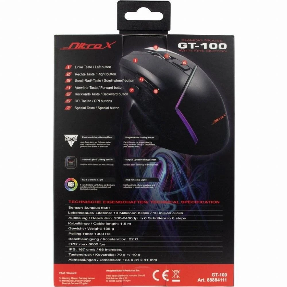 Inter-Tech Nitrox GT-100 RGB, Gaming-pelė - juodas