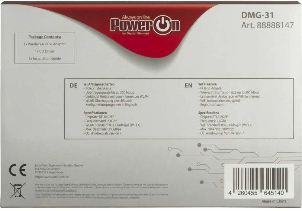 Inter-Tech DMG-31 Eingebaut WLAN - PCI Express - Wi-Fi 4 (802.11n) - 300 Mbit/s - kabellos