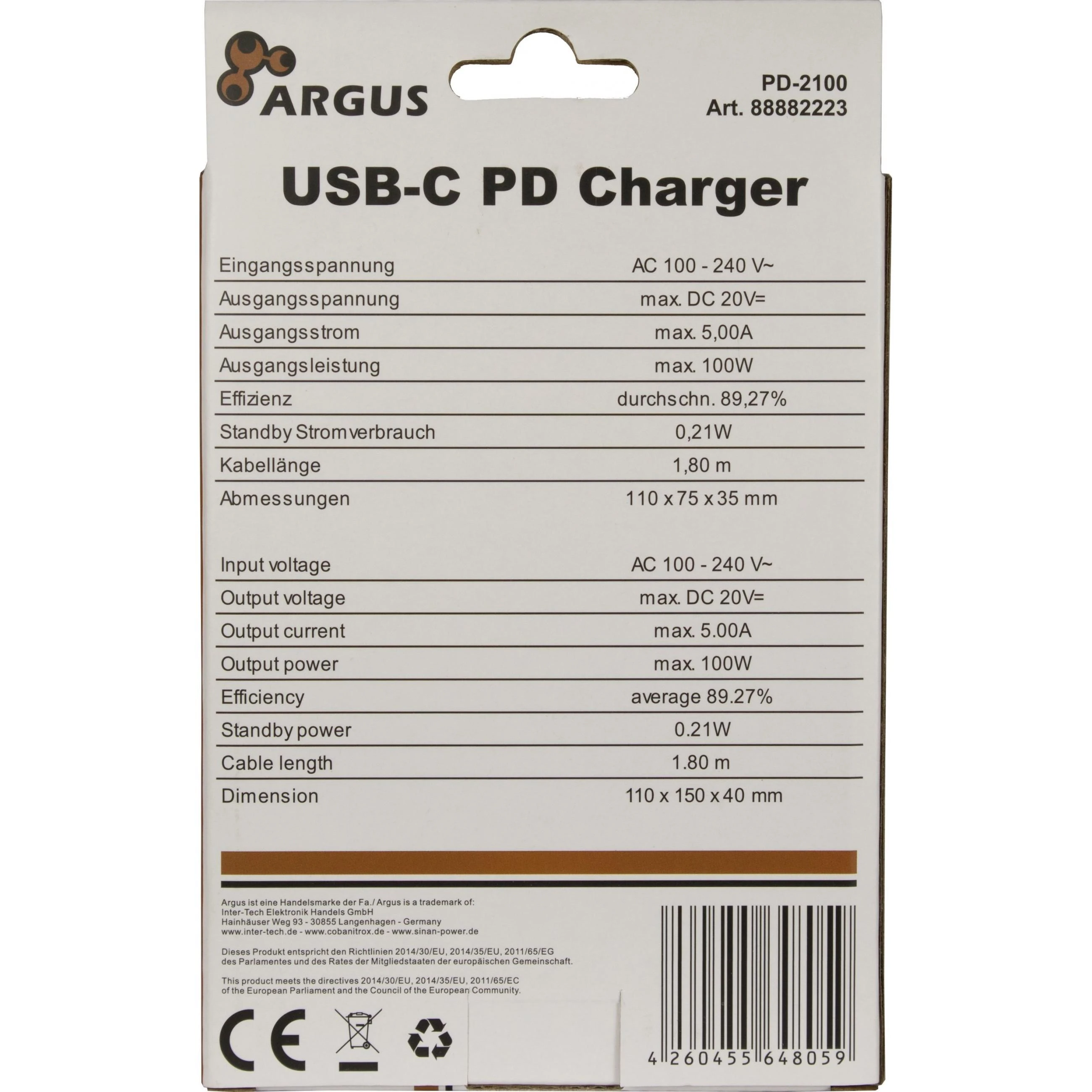 Pelė Inter-Tech PD-2100 USB C įkroviklis, PD 100W