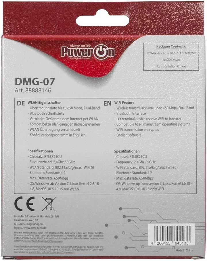 Adapteris bluetooth Inter-Tech Inter-Tech DMG-07 Wi-Fi 5 (650Mbps) - 88888146