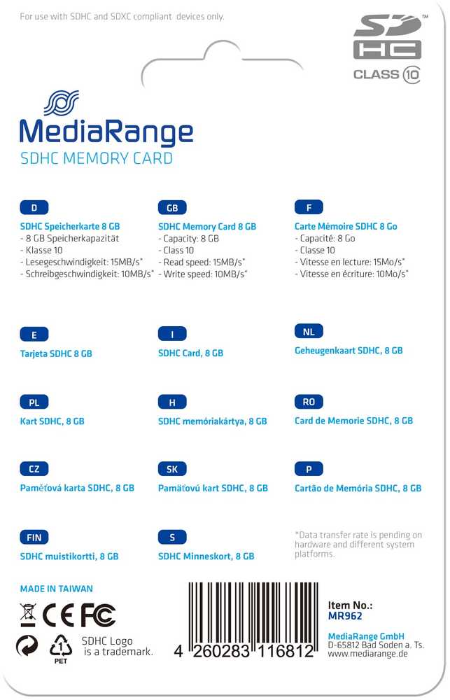Atminties kortelė Karta MediaRange MR962 SDHC 8 GB Class 10 (MR962)