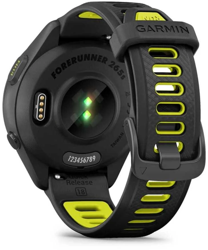 Išmanusis laikrodis Garmin Forerunner 265S. Juodas apvadas ir korpusas su juodos bei „Amp Geltona“ (geltonos) spalvos silikoniniu dirželiu