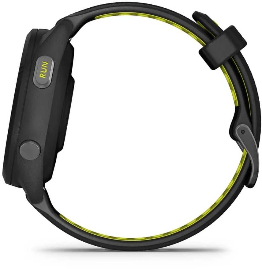Išmanusis laikrodis Garmin Forerunner 265S. Juodas apvadas ir korpusas su juodos bei „Amp Geltona“ (geltonos) spalvos silikoniniu dirželiu