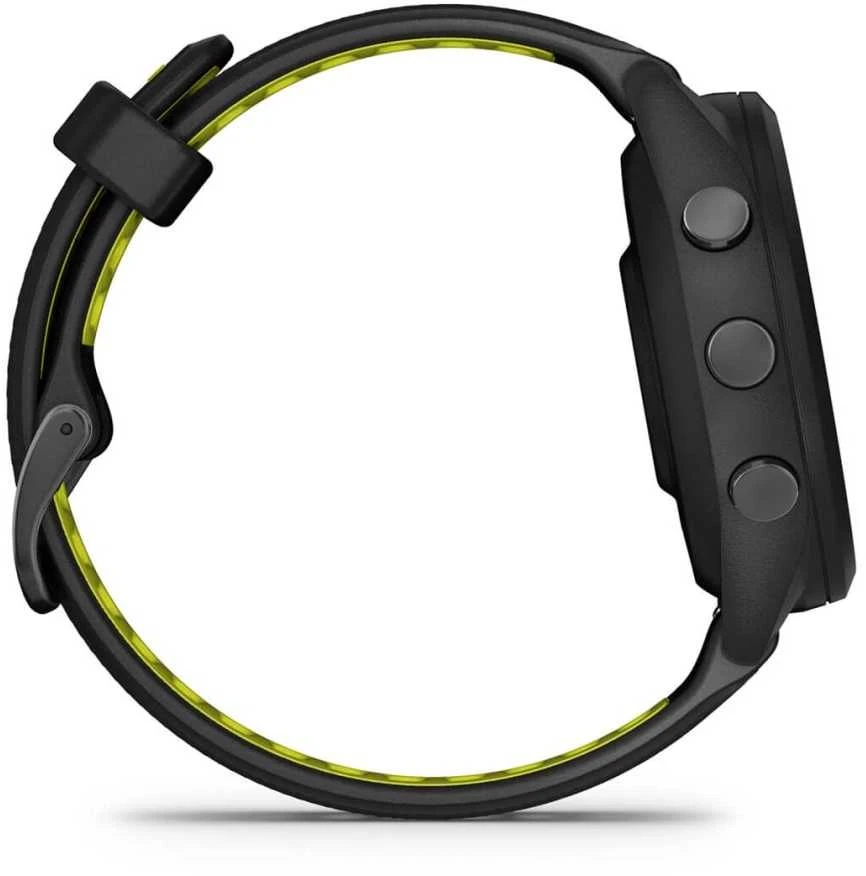 Išmanusis laikrodis Garmin Forerunner 265S. Juodas apvadas ir korpusas su juodos bei „Amp Geltona“ (geltonos) spalvos silikoniniu dirželiu