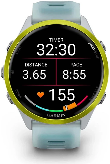 Išmanusis laikrodis Garmin Forerunner® 570 - 47mm, Ryškiai geltonos spalvos aliuminis su permatomu baltojo akmens / turkio spalvos dirželiu