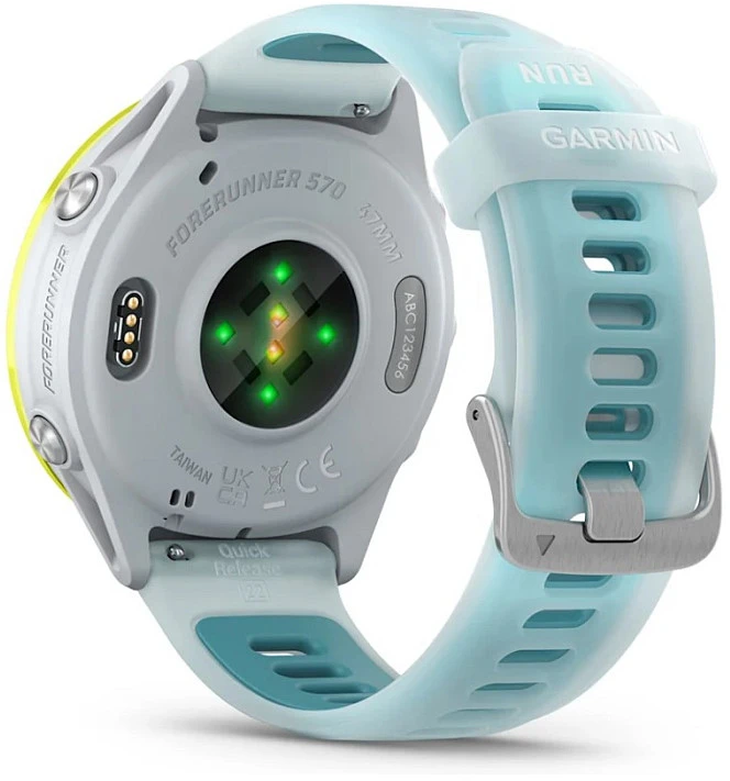 Išmanusis laikrodis Garmin Forerunner® 570 - 47mm, Ryškiai geltonos spalvos aliuminis su permatomu baltojo akmens / turkio spalvos dirželiu