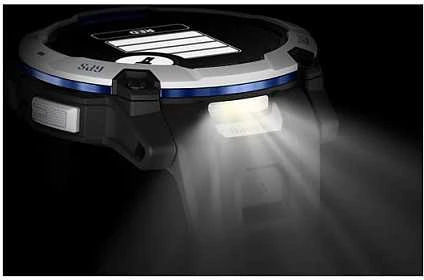 Išmanusis laikrodis Garmin Instinct 3 – 50 mm, Solar, Baltojo akmens spalvos su juodu / mėlynu dirželiu
