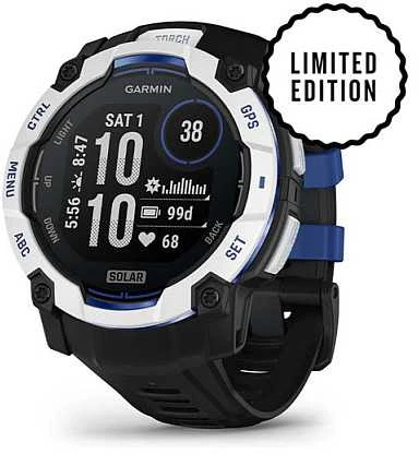 Išmanusis laikrodis Garmin Instinct 3 – 50 mm, Solar, Baltojo akmens spalvos su juodu / mėlynu dirželiu
