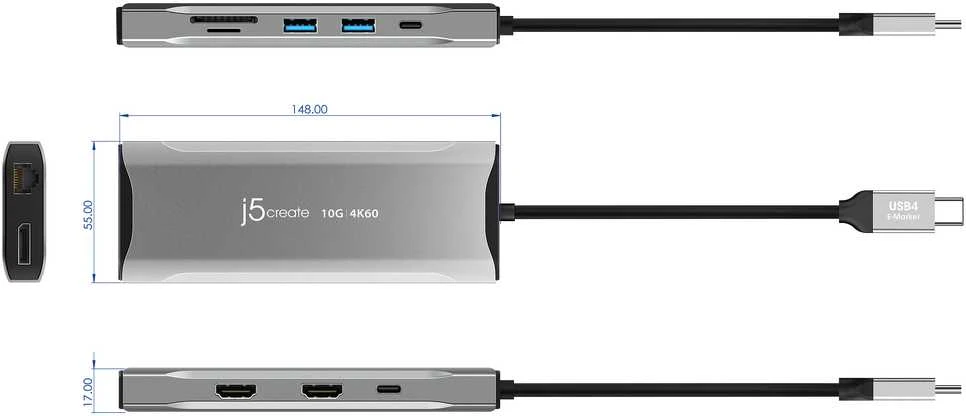 J5create – 4K60 Elite USB-C trijų monitorių 10 Gbps mini dokas