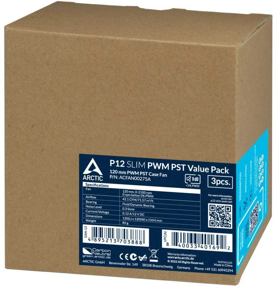 ARCTIC P12 Slim PWM PST korpuso ventiliatoriai, 4-pin, 120mm, juodi, 3 vnt.