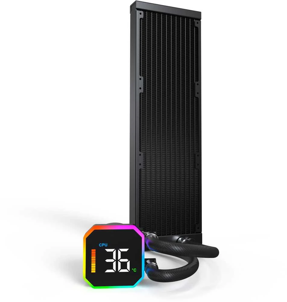 Montech HyperFlow 360: juodas aušintuvas su temperatūros ekranu