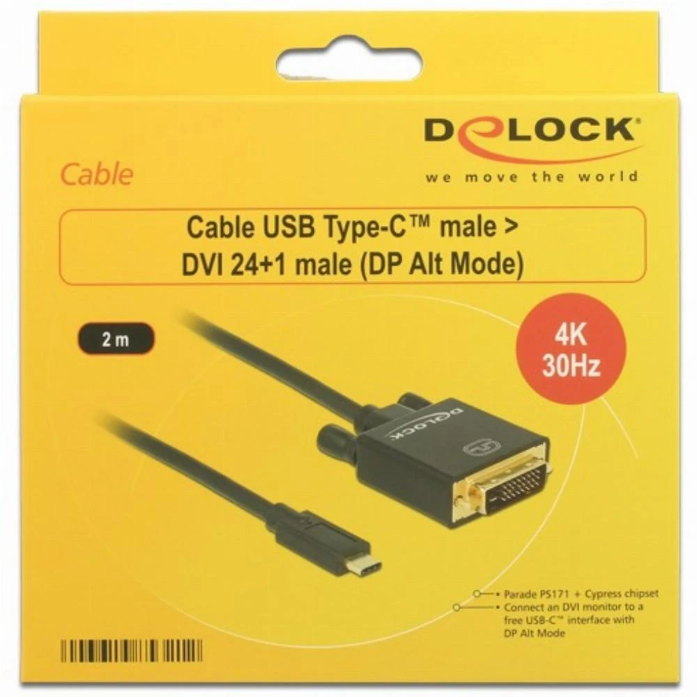 Delock Cable USB Type-C vyriškas daugiau DVI 24+1 male (DP Alt Mode) 4K 30 Hz 2m juodas