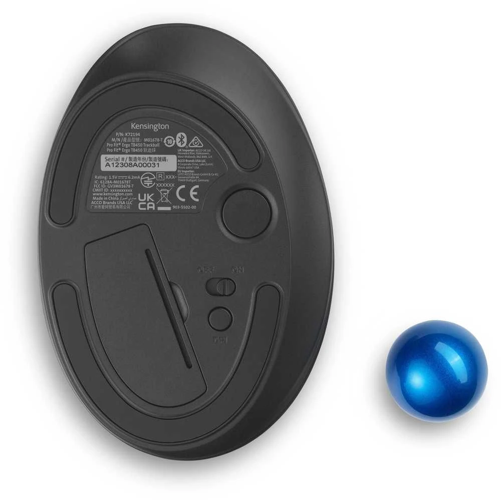 Kensington ProFit Ergo TB450 Trackball Belaidė pelė, RF belaidė + Bluetooth, 1600 DPI, Juodas/Mėlyna