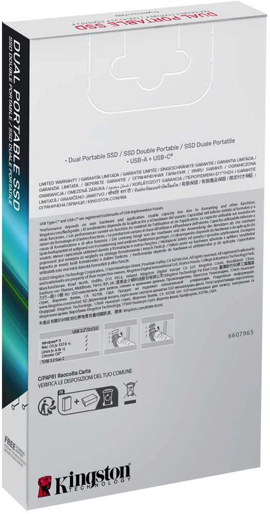 Kietasis diskas „Kingston Technology“ 512 GB nešiojamasis SSD diskas su dviem USB-A/C jungtimis, iki 1050 MB/s USB 3.2 Gen 2