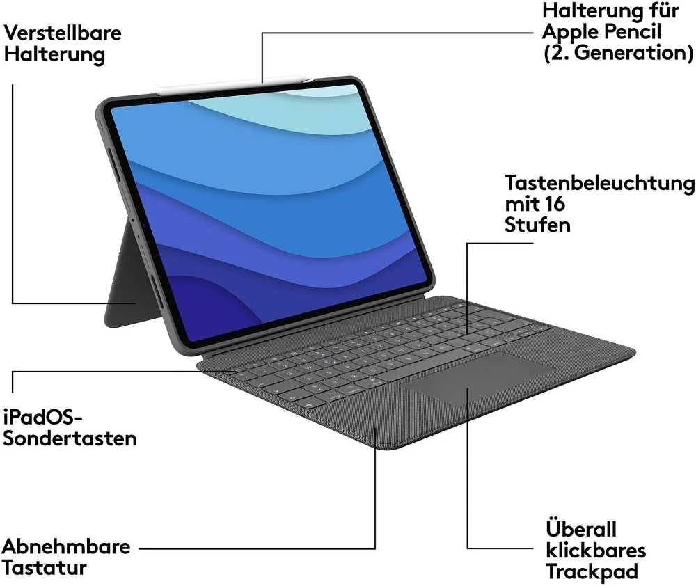 „Logitech Combo Touch iPadPro 12.9 Graphite“.