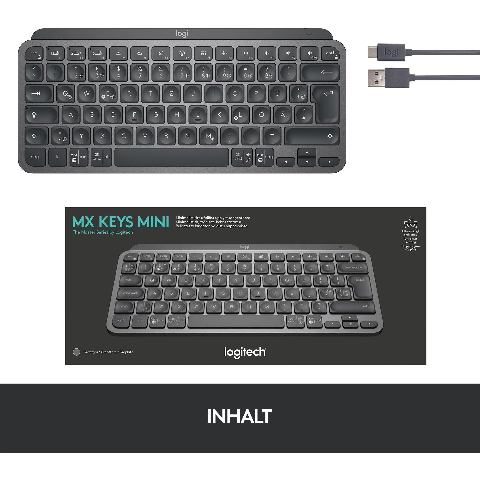Minimalistinė Belaidė Klaviatūra su apašvietimu Logitech MX Keys Mini, Grafito spalvos, Vokiečių (Qwertz) išdėstymas