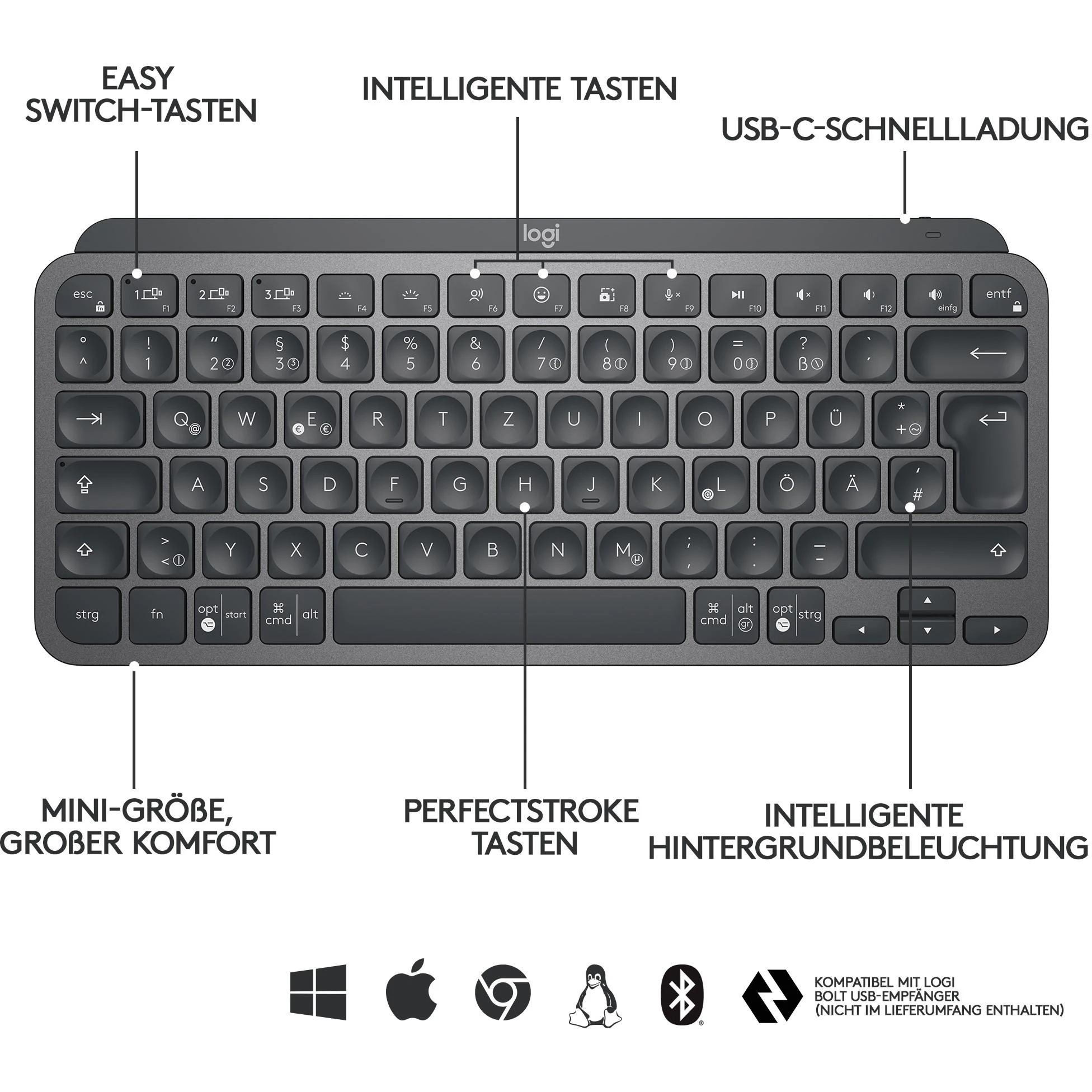 Minimalistinė Belaidė Klaviatūra su apašvietimu Logitech MX Keys Mini, Grafito spalvos, Vokiečių (Qwertz) išdėstymas