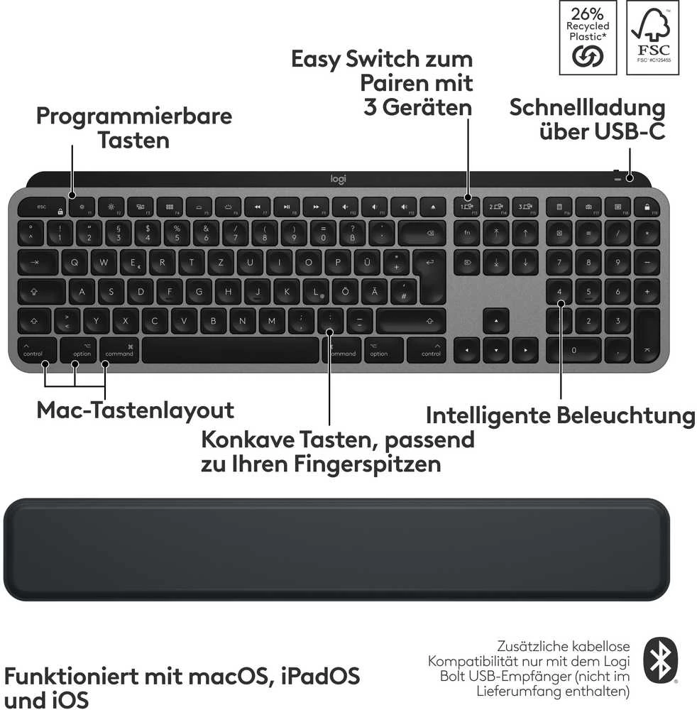 Klaviatūra Logitech MX KEYS S FOR MAC - SPACE Pilkas - DEU - EMEA 28-935