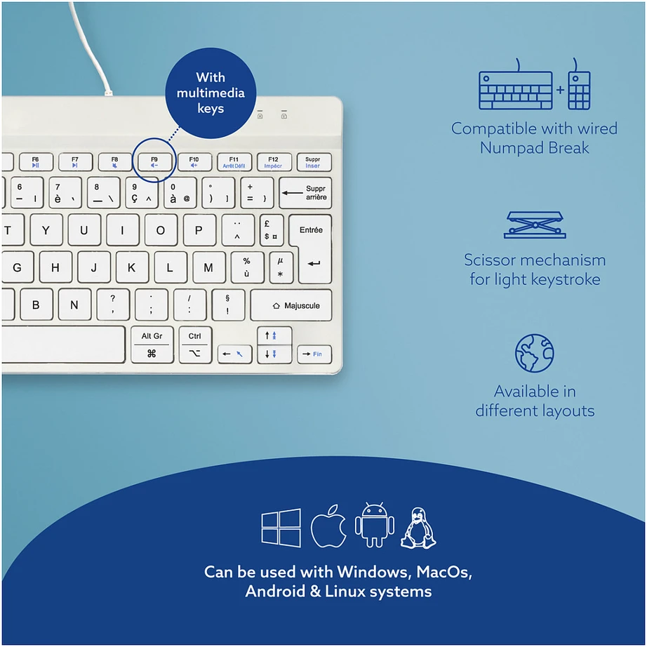 R-GO COMPACT BREAK ERGONOMIC - Klaviatūra QWERTY (FR) WITH Baltas