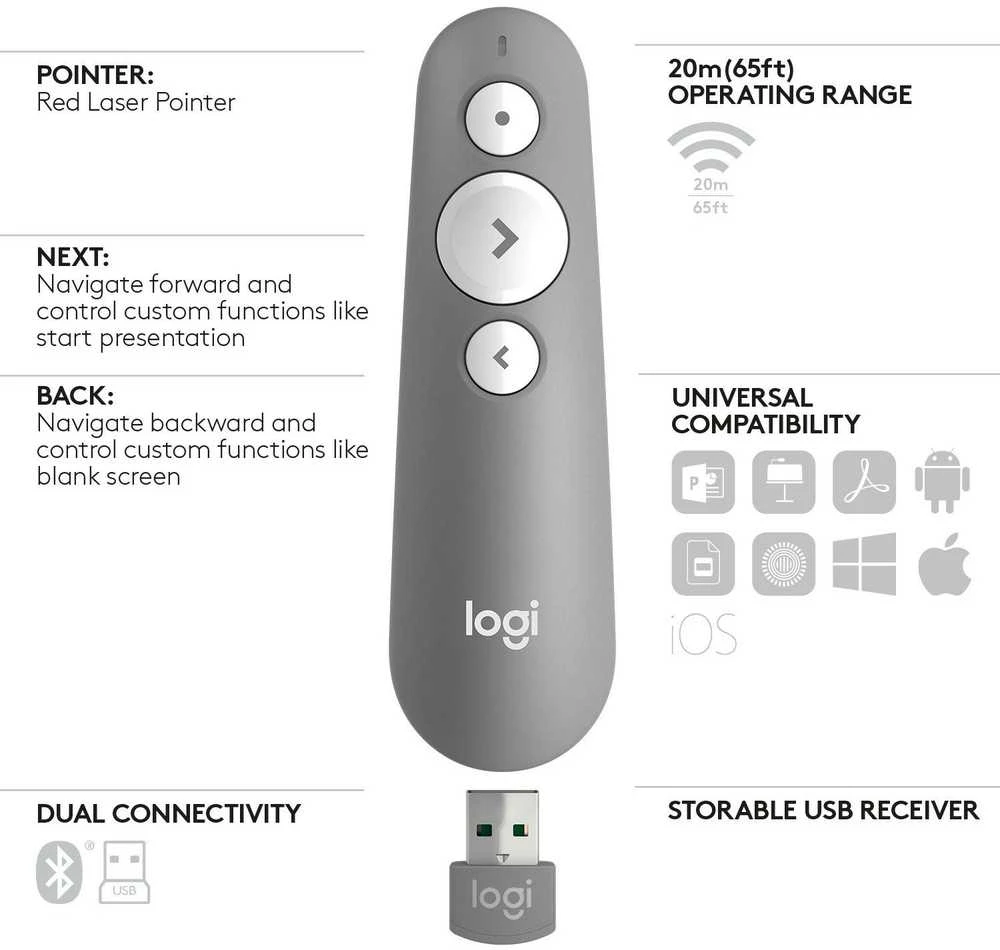 Logitech R500s lazerinis Presentation Remote Nuotolinio valdymo pultas, Mid Pilkas