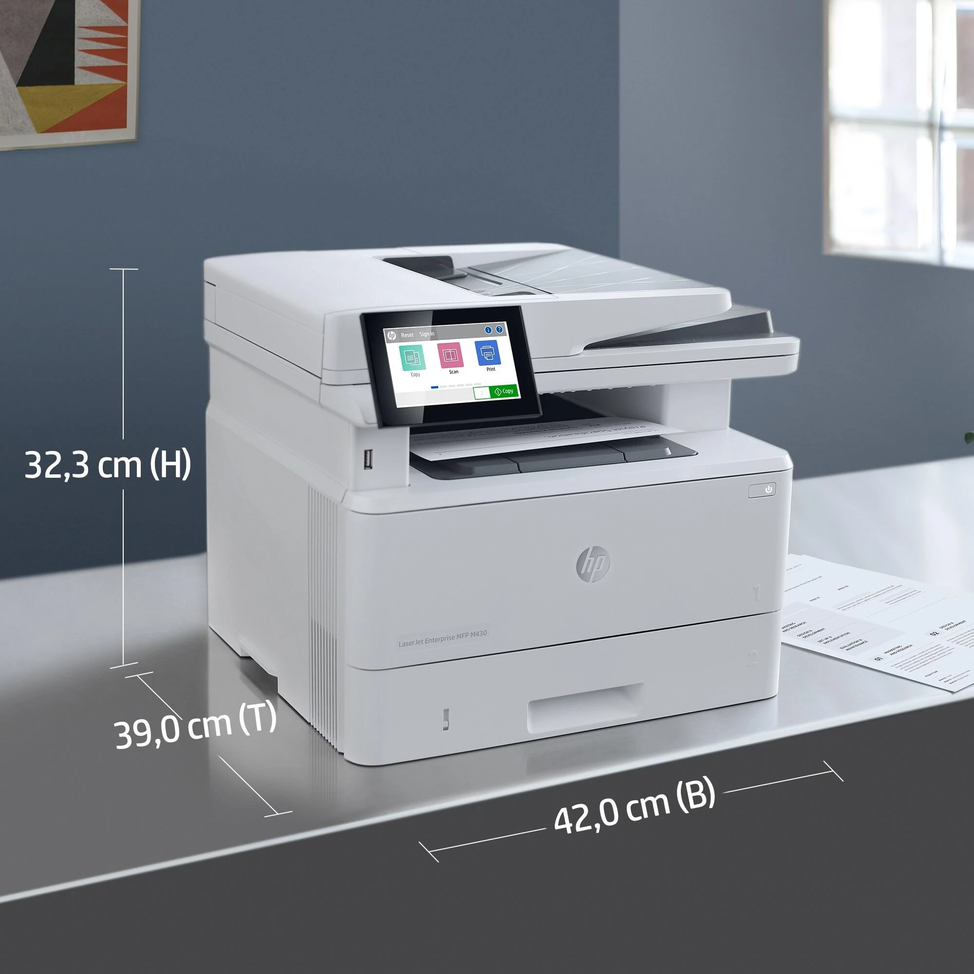 Hewlett Packard (HP) HP LaserJet Enterprise MFP M430f AIO All-in-One Spausdintuvas - A4 Mono lazerinis, Spausdinti/Kopijuoti/Dual-Side Scan/Faksas, Automatinis dokumentų tiektuvas, Auto-Duplex, LAN, 38ppm, 900-4800 pages per mėnuo (pakeičia M521f / M521dn)