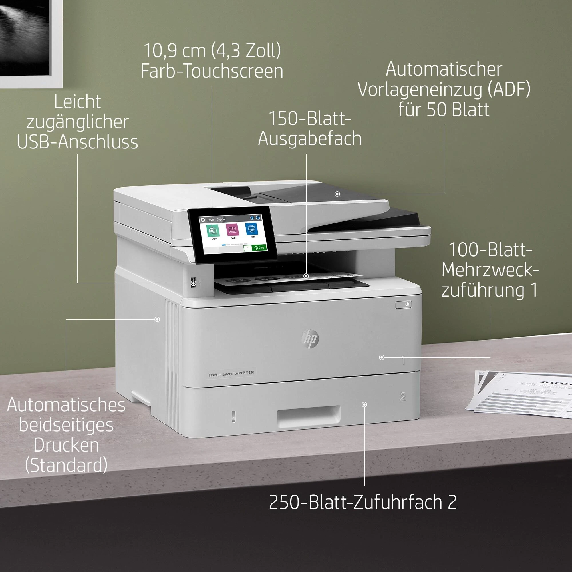 Hewlett Packard (HP) HP LaserJet Enterprise MFP M430f AIO All-in-One Spausdintuvas - A4 Mono lazerinis, Spausdinti/Kopijuoti/Dual-Side Scan/Faksas, Automatinis dokumentų tiektuvas, Auto-Duplex, LAN, 38ppm, 900-4800 pages per mėnuo (pakeičia M521f / M521dn)