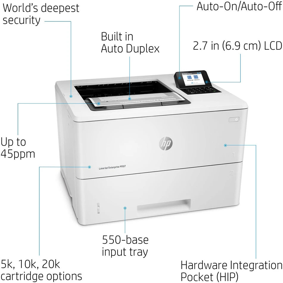 Hewlett Packard (HP) HP LaserJet Enterprise M507dn Spausdintuvas - A4 Mono lazerinis, Spausdinimas, Automatinis dokumentų tiektuvas, Auto-Duplex, LAN, 43ppm, 2000-7500 puslapių per mėnesį (pakeičia M506dn)