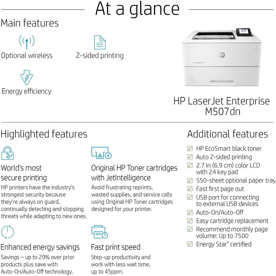 Hewlett Packard (HP) HP LaserJet Enterprise M507dn Spausdintuvas - A4 Mono lazerinis, Spausdinimas, Automatinis dokumentų tiektuvas, Auto-Duplex, LAN, 43ppm, 2000-7500 puslapių per mėnesį (pakeičia M506dn)