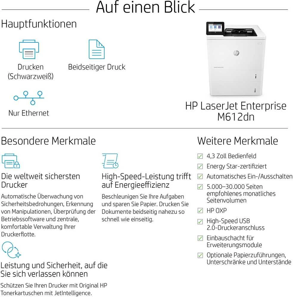 Hewlett Packard (HP) HP LaserJet Enterprise M612dn Spausdintuvas Mono Duplex lazerinis A4 1200x1200dpi 71 psl./min. 650 lapų USB LAN
