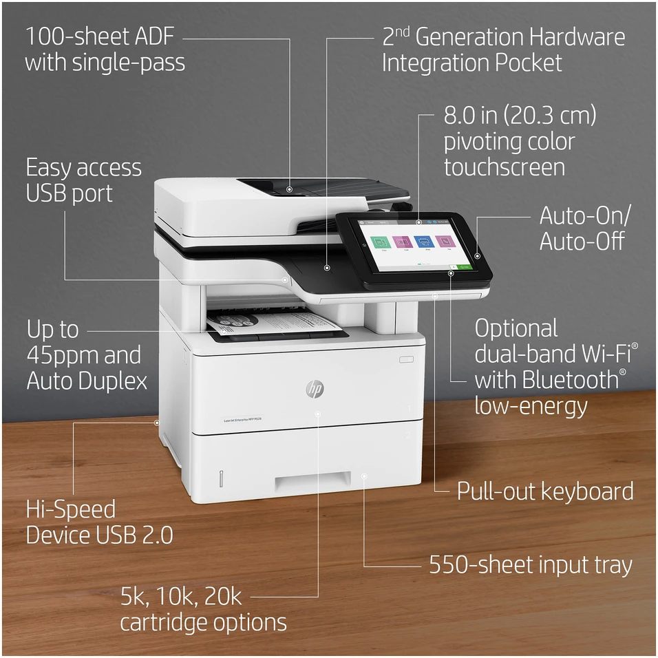 Hewlett Packard (HP) HP LaserJet Enterprise MFP M528dn AIO All-in-One Spausdintuvas - A4 Mono lazerinis, Spausdinimas/Kopijavimas/Dual-Side Scan/Faksas pasirinktinai, Automatinis dokumentų tiektuvas, Auto-Duplex, LAN, 43ppm, 2000-7500 pages per mėnesį (pakeičia M527dn)