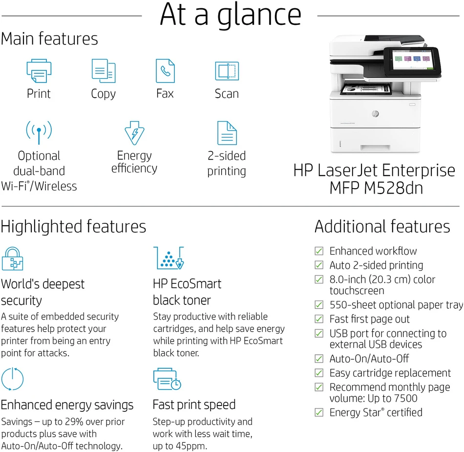 Hewlett Packard (HP) HP LaserJet Enterprise MFP M528dn AIO All-in-One Spausdintuvas - A4 Mono lazerinis, Spausdinimas/Kopijavimas/Dual-Side Scan/Faksas pasirinktinai, Automatinis dokumentų tiektuvas, Auto-Duplex, LAN, 43ppm, 2000-7500 pages per mėnesį (pakeičia M527dn)