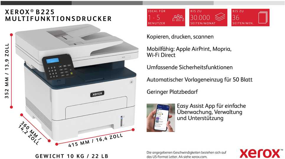 Spausdintuvas XEROX B225, Baltos/Pilkos spalvos