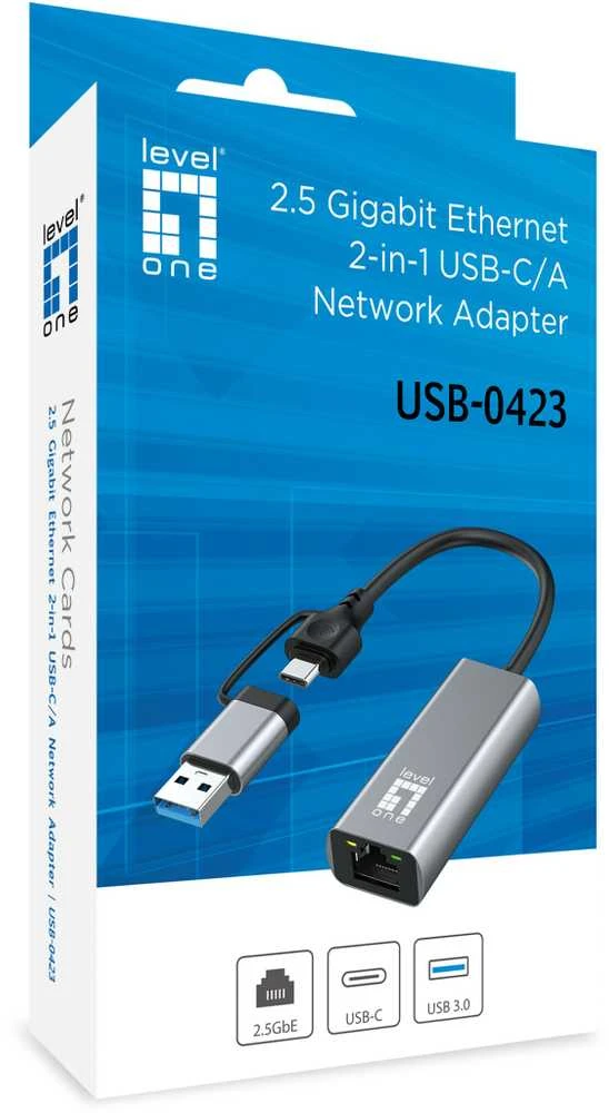 Level One USB-C ir USB-A tinklo adapteris pakuotėje