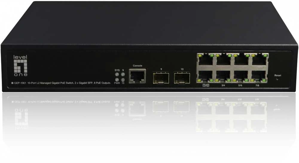 Šakotuvas Level One Carruzzo LevelOne GEP-1061 tinklo komutatorius Valdomas L2 Gigabit Ethernet (10/100/1000) Maitinimas per Eternetą (PoE) Juoda