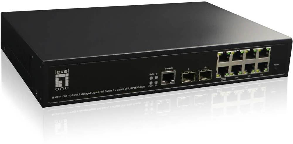 Šakotuvas Level One Carruzzo LevelOne GEP-1061 tinklo komutatorius Valdomas L2 Gigabit Ethernet (10/100/1000) Maitinimas per Eternetą (PoE) Juoda