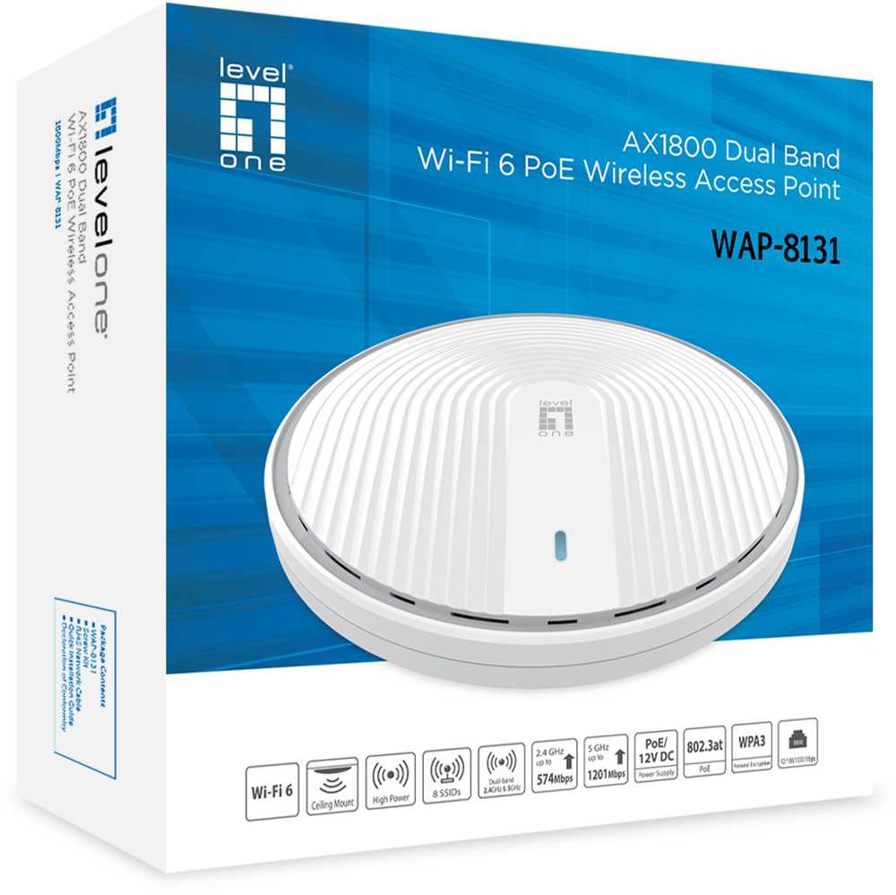 Maršrutizatorius Level One Access Point LevelOne WAP-8131 AX1800 Wi-Fi 6 Dwuzakresowy PoE Baltas