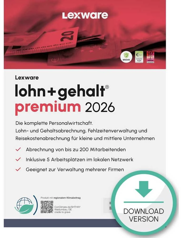 „Lexware Payroll+Salary Premium 2026“ – 1 įrenginys, prenumerata – ESD atsisiuntimas