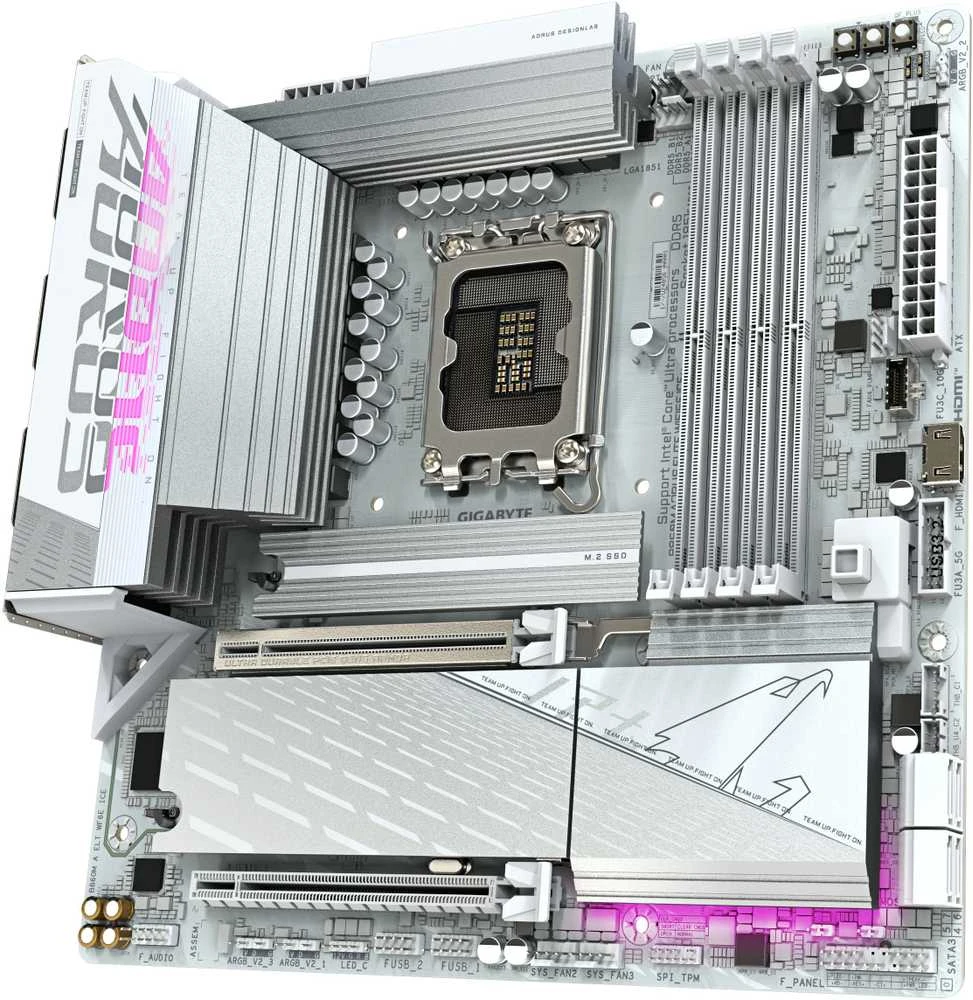 GIGABYTE B860M AORUS ELITE WF6E ICE pagrindinė plokštė – Intel Core Ultra serijos procesoriai, 12+1+2+1 fazių VRM, iki 9200MHz DDR5, 1xPCIe 5.0 + 2xPCIe 4.0 M.2, 2.5GbE 4E, USB