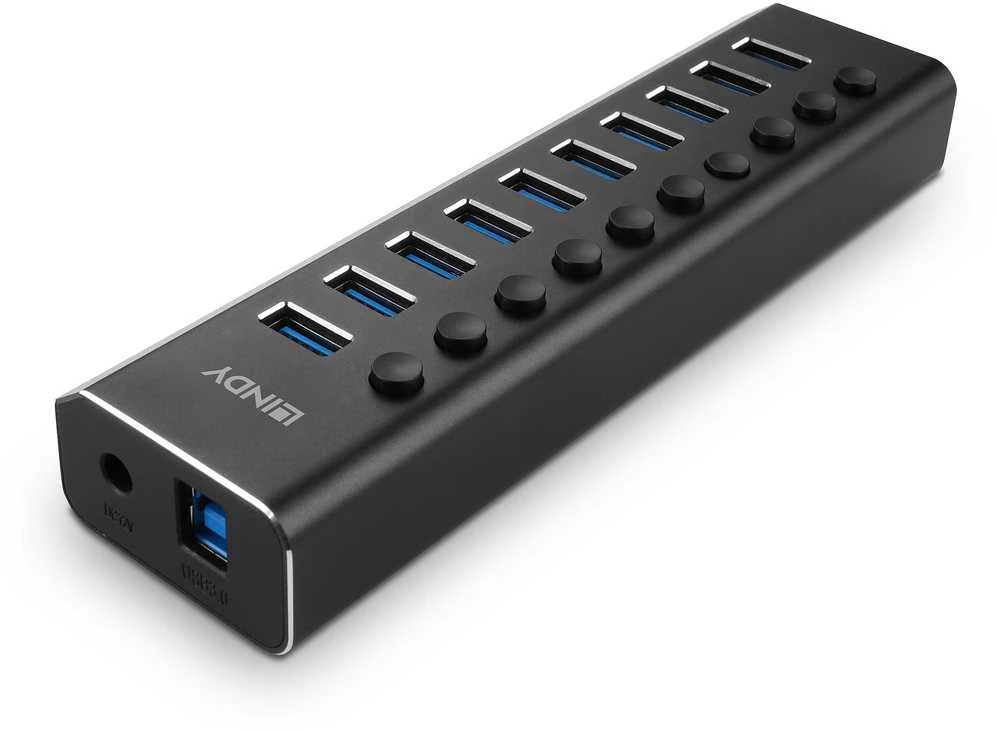 USB Hub - LINDY 10 Prievadų USB 3.0 Hub su Maitinimo Jungikliais, 5 Gbps, Aliuminio Lydinys
