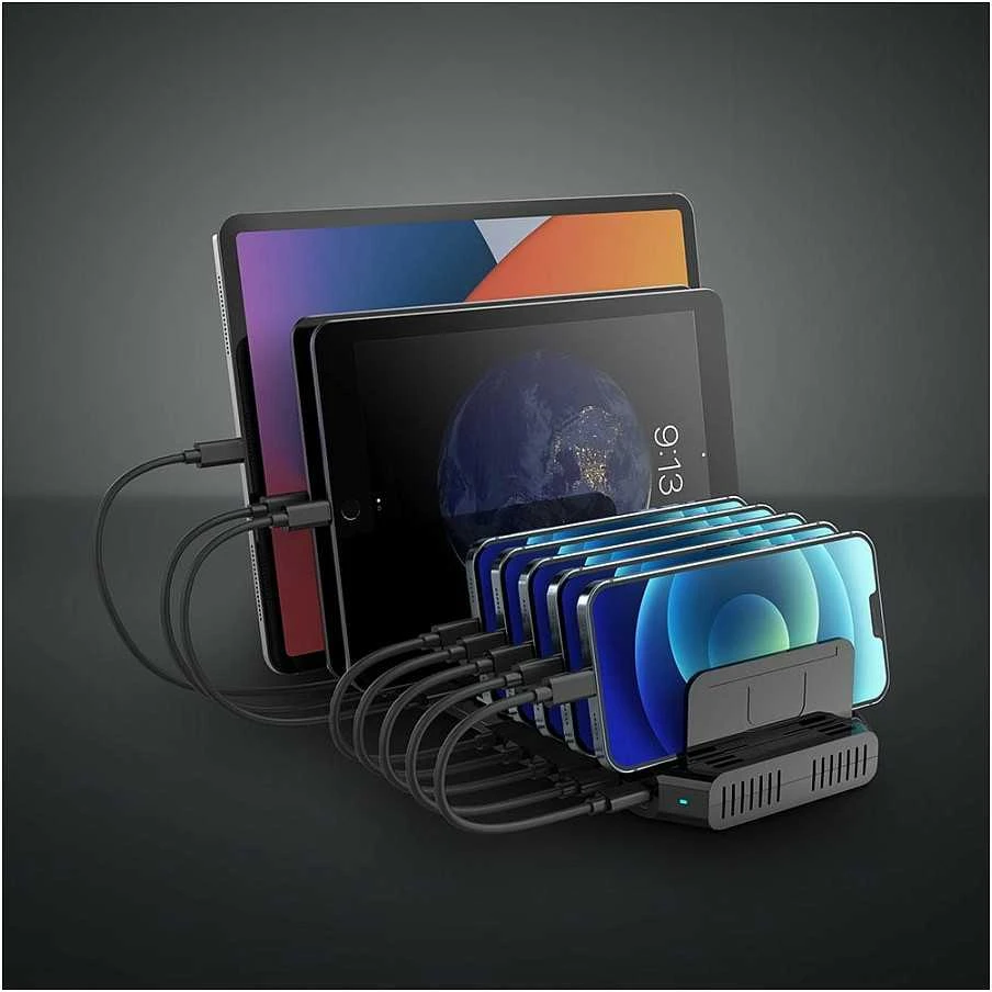 USB Įkrovimo Stotis - LINDY 120W 10 Prievadų Įkrovimo Stotis, 8 x USB Type A, 2 x USB Type C, Juoda