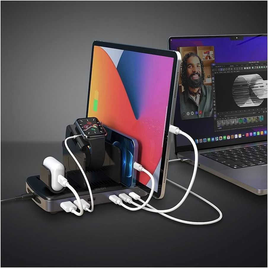 USB Įkrovimo Stotis - LINDY 160W 6 Prievadų Išmanusis Įkroviklis 3A USBType A ir C