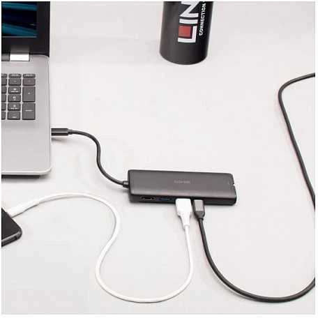 Nešiojamojo Kompiuterio Dokavimo Stotis - LINDY DST-Mini, USB-C Nešiojamojo Kompiuterio Mini Dokavimo Stotis, 4K Palaikymas, 100W Perėjimo Įkrovimas 4K HDMI®, PD 3.0 100W, Gigabit Ethernet, MicroSD ir SD, Juoda