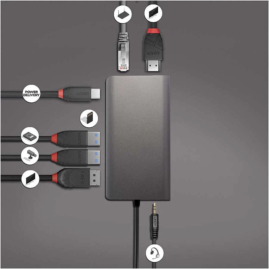Nešiojamojo Kompiuterio Mini Dokavimo Stotis - LINDY DST-Mini XT USB-C Dokas, 4K HDMI, Dvigubas Ekranas, 100W PD, Gigabit Ethernet