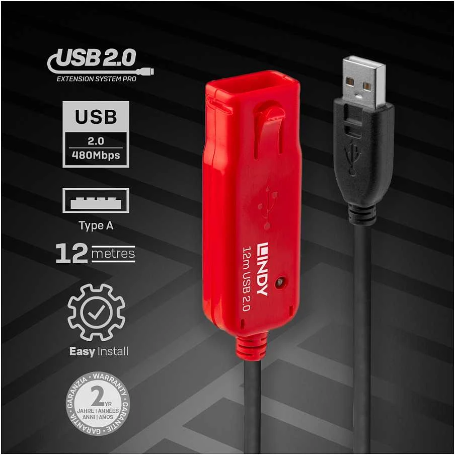 USB Prailginimo Laidas - LINDY USB 2.0 Aktyvus Prailginimo Laidas Pro Extend Type M/F, 12 m, Juodas