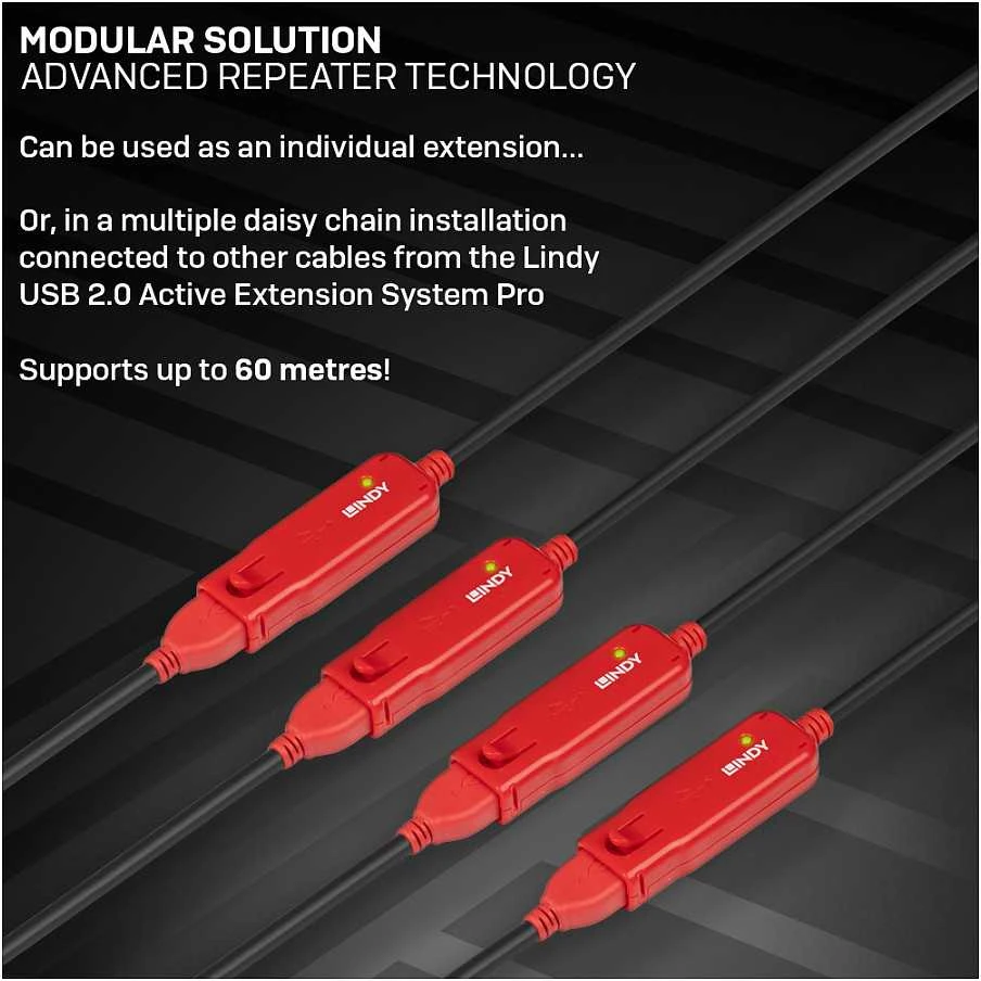 USB Prailginimo Laidas - LINDY USB 2.0 Aktyvus Prailginimo Laidas Pro Extend Type M/F, 12 m, Juodas