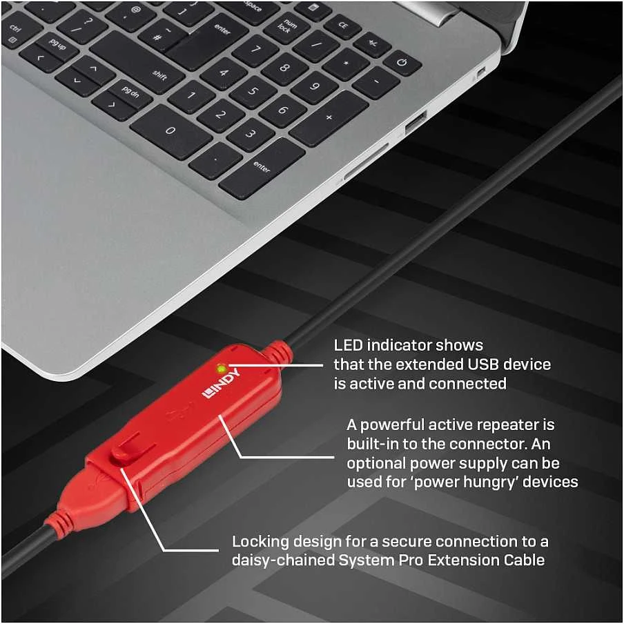 USB Prailginimo Laidas - LINDY USB 2.0 Aktyvus Prailginimo Laidas Pro Extend Type M/F, 12 m, Juodas