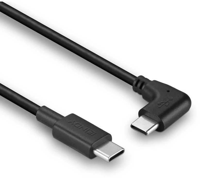 USB Kabelis - LINDY USB 2.0 Type C Laidas, M/M, 90° Dešiniu Kampu, 60W PD, 1 m, Juodas