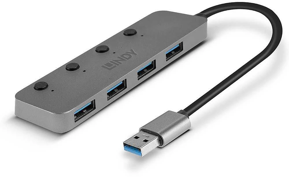 USB Hub - LINDY 4 Prievadų USB 3.0 Hub su Maitinimo/Išjungimo Jungikliais, 5 Gbps, Type A