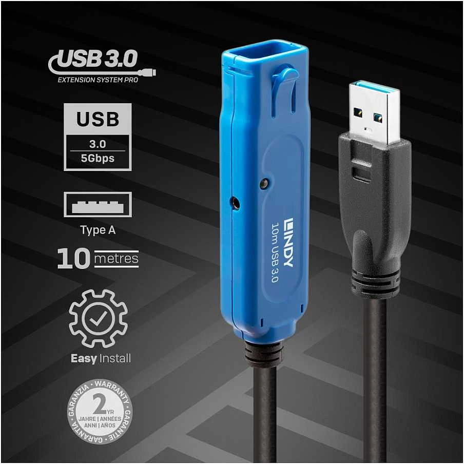 USB Prailginimo Laidas - LINDY USB 3.0 Prailginimo Laidas Pro Extend Type M/F, 10 m, Juodas
