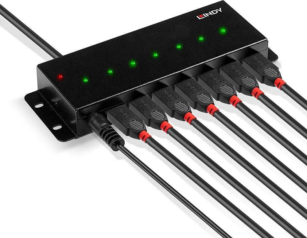 USB Hub - LINDY 7-Port USB 2.0 Metalinis Hub su Montavimo Laikikliais ir Maitinimo Šaltiniu